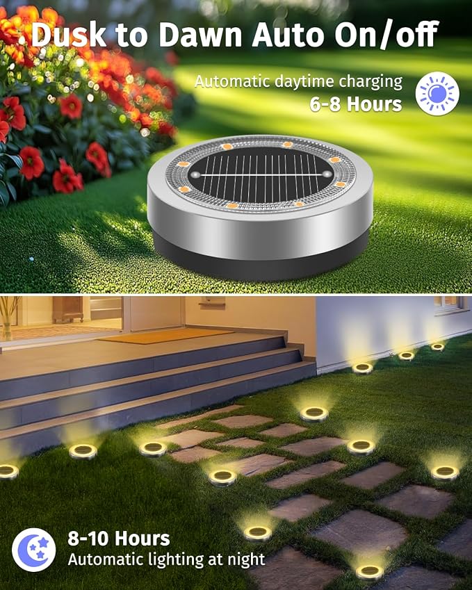 SenLuKit Mini Solar Ground Lights 2 Pack Outdoor IP65 Waterproof Solar Flat Garden Light Solor Powered Disc Pathway Lights for Outside Walkway Yard Landscape Patio Lawn Driveway-Warm White