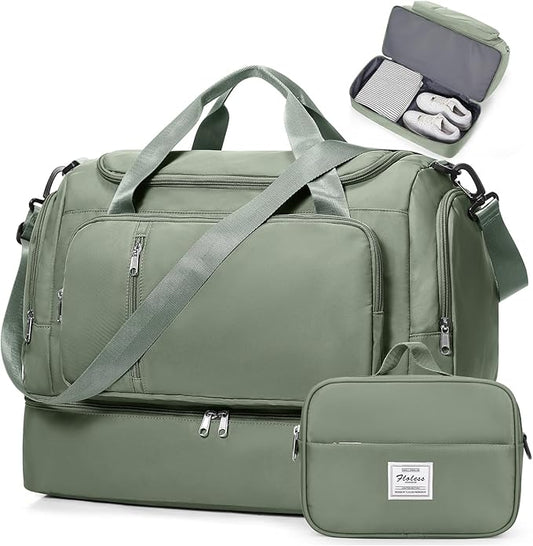 Travel Duffle Bag, Weekender Bags for Women,Overnight Weekend Carry On Personal Item Travel Bag with Shoes Compartment & Toiletry Bag,Olive Green