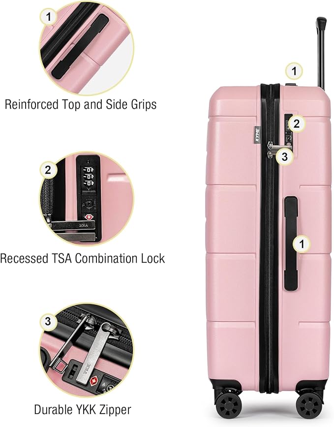 KYME Luggage Sets 3 Piece Hardshell 20"/24"/28" Suitcase with Wheels Hardside Suitcase Set with TSA Lock Large Travel Luggage Set for Women Pink