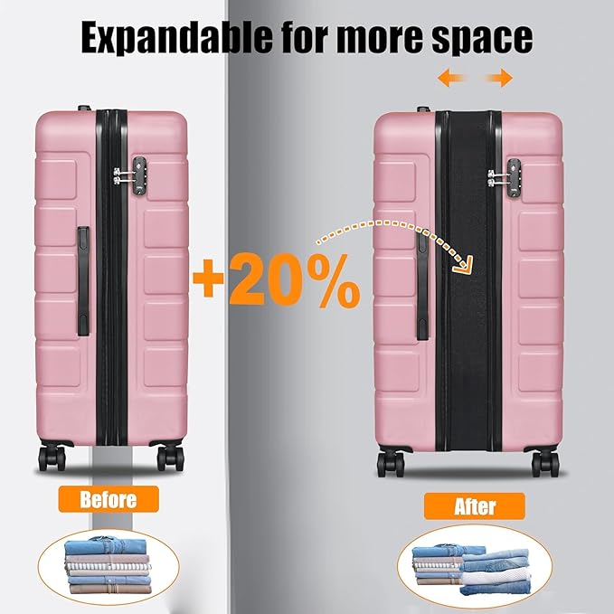 Explorer Lightweight Hardshell 20% Expandable 3-Piece Luggage Set with TSA Lock, Double Spinner Wheels, and Carry-On Suitcase,Pink