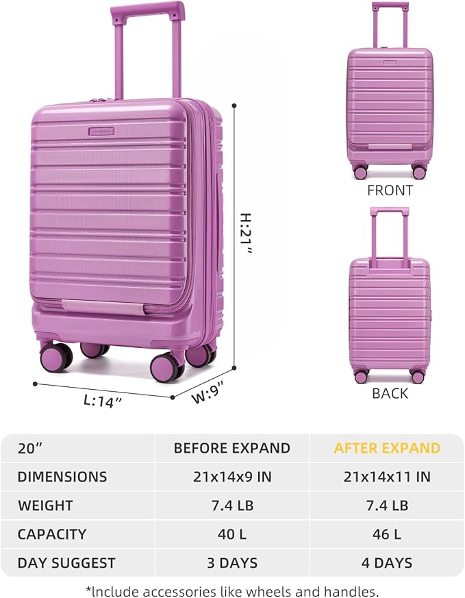 LARVENDER Carry On Luggage 22x14x9 Airline Approved, 20 Inch Expandable PC+ABS Hardside Carry On Luggage with Front Pocket Spinner Wheels TSA Lock for Women Men (Berry)