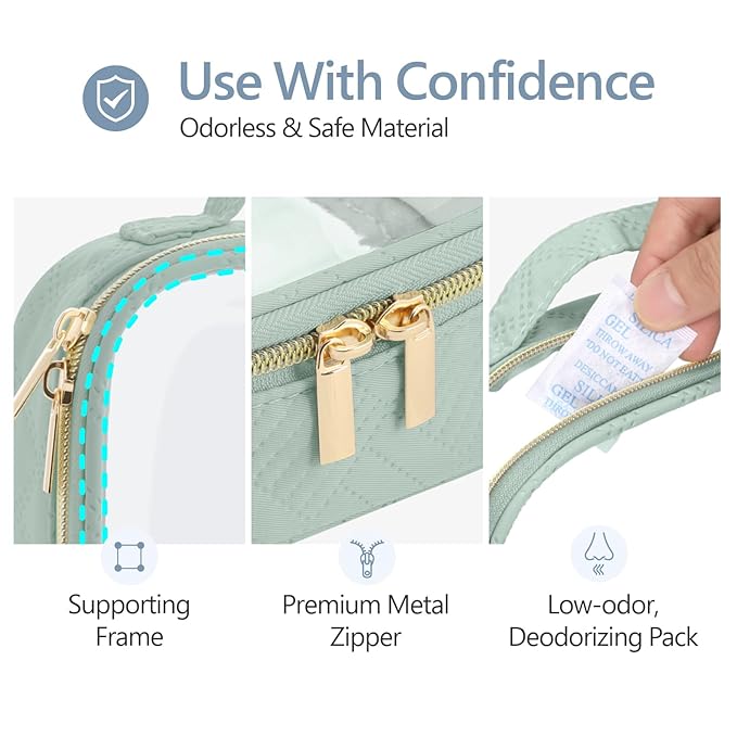 PACKISM TSA Approved Toiletry Bag Combo Pack, 1 Clear Makeup Bag Medium & Large for Checked Luggage, Clear Travel Bag with Handle, Water-resistant Travel Essentials Organizer, Laurel Green