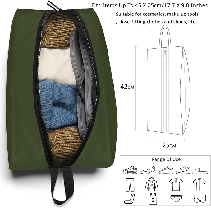Shoe Bags for Travel Waterproof Odor Absorbing Lightweight Golf Soccer Shoe Storage Organizer Pouch with Smooth Zipper and Handle, Portable Travel Essentials (Dark Green, 1-Pack)