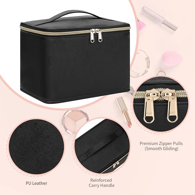OCHEAL Travel Makeup Bag, Cosmetic Bags for Women Makeup Case Organizer Large Capacity Travel Toiletry Bag Storage Bags with Divider and Handle for Cosmetics Toiletries Brushes Tools-Large, Black