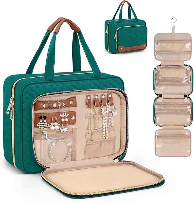 Wedama Toiletry Bag for Women, Hanging Travel Toiletry Bag with Jewelry Organizer Compartment Large Makeup Bag, PVC Waterproof Cosmetic Travel Bag Trips Camping Bathroom, Green+Brown