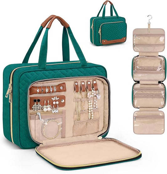 Wedama Toiletry Bag for Women, Hanging Travel Toiletry Bag with Jewelry Organizer Compartment Large Makeup Bag, PVC Waterproof Cosmetic Travel Bag Trips Camping Bathroom, Green+Brown