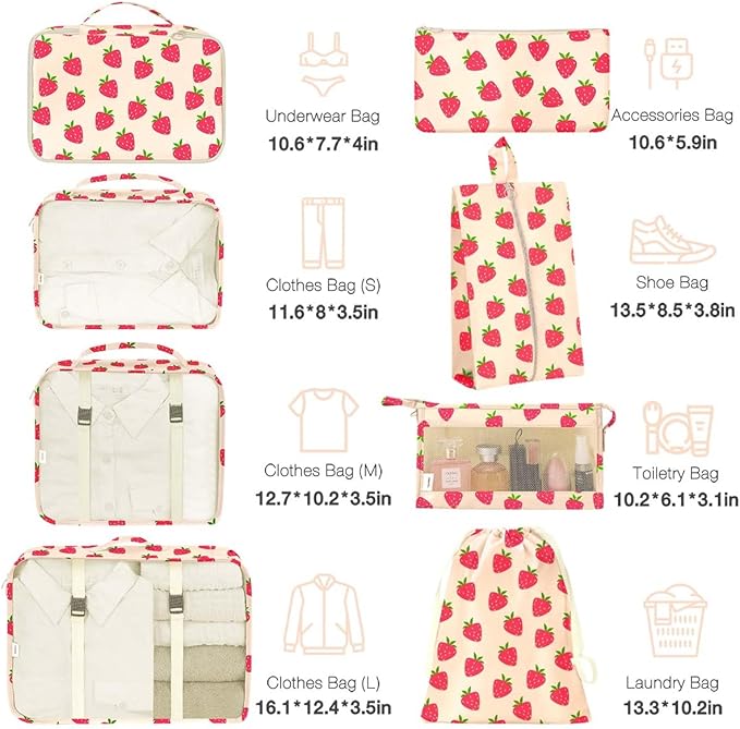 8 Set Packing Cubes for Suitcases,Packing Cube with Shoe, Cosmetics, Clothing, and Accessories Bags Packing Cubes for Travel Luggage Organizer Women Men(8 Set Strawberry)