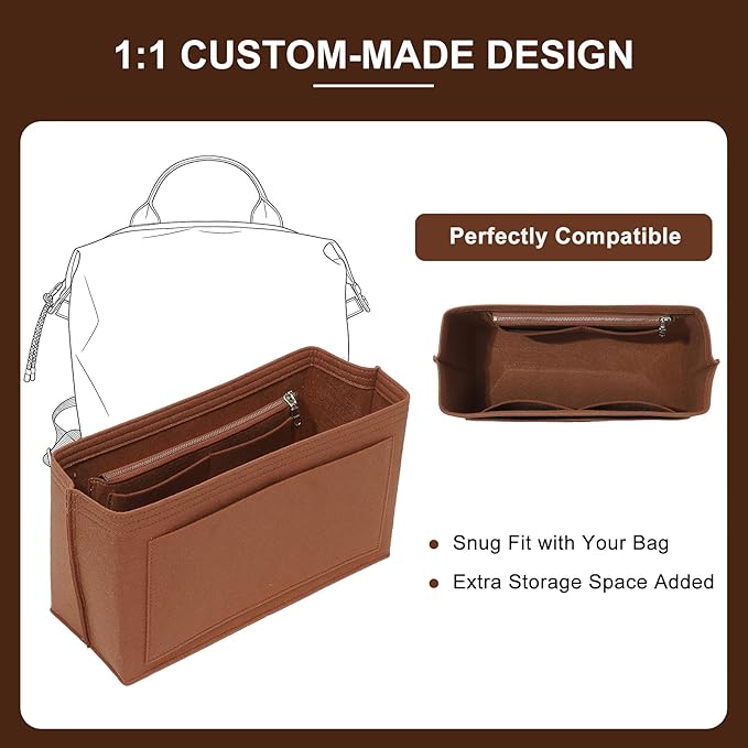 Doxo Backpack Organizer Insert for Longchamp Le Pliage L Backpack | Felt Material with 8 Compartments & YKK Zipper Pocket | Custom-Fit Longchamp Backpack Insert (LB, Gold Brown)