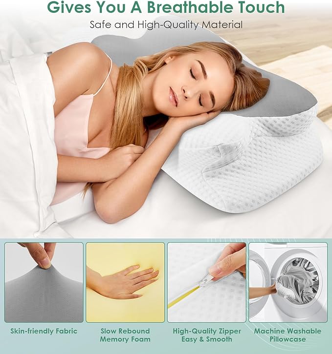 DONAMA Cervical Pillow for Sleeping, Contour Memory Foam Pillow for Neck and Shoulder Support, Ergonomic Neck Pillow for Side Back Stomach Sleepers, Bed Pillows with Cooling Pillowcase