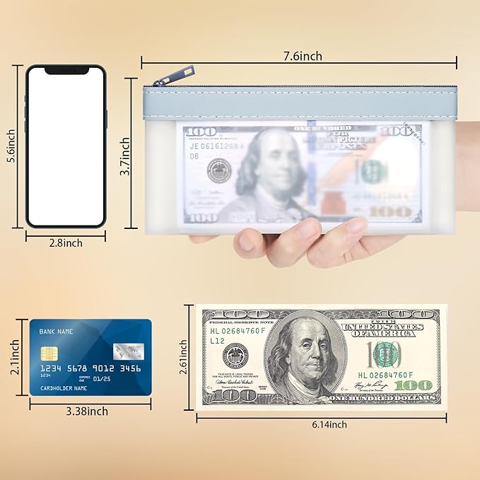 4-Piece Cash Envelopes With Zipper - 7.6 x 3.7 inch Clear Bank Deposit Bags, Multi-Purpose Check Wallet (Blue)