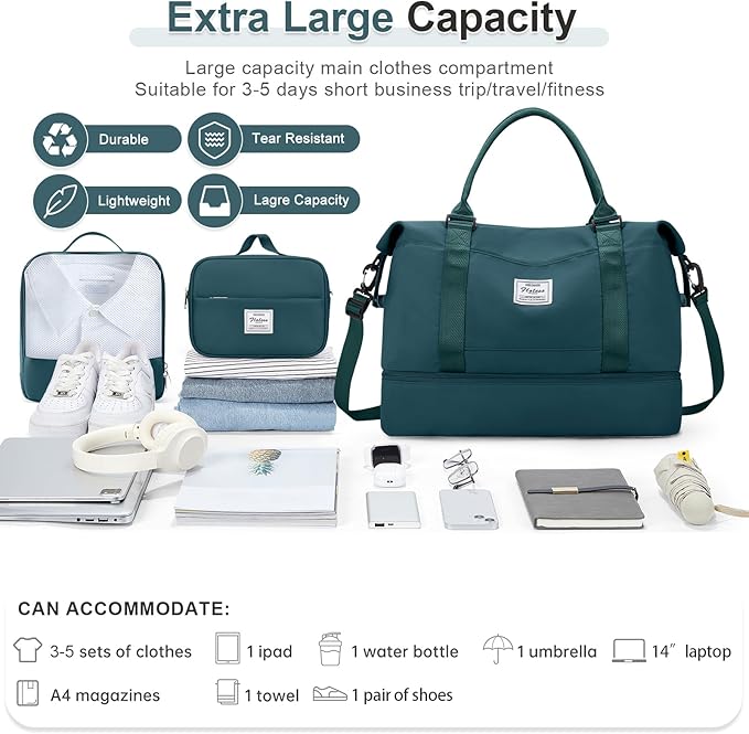 Large Weekender Bags for Women, Travel Duffel Bags with Shoe Compartment,Personal Item Travel Carry on Overnight bag for women Travel 3PCS,Peacock Blue