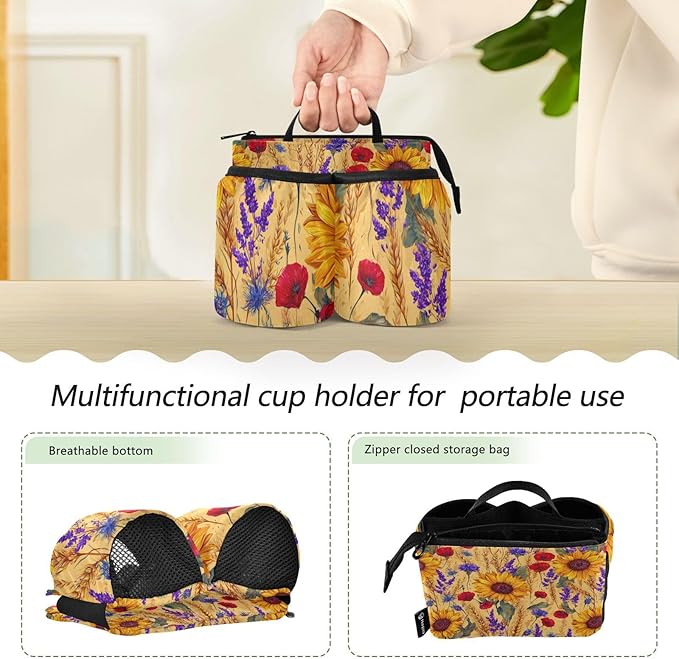 Luggage Cup Holder for Suitcases Free Hands Travel Cup Holder Portable Suitcase Cup Drink Holder Luggage Cup Caddy Bag Carrier Yellow Sunflowers Poppy Wheat