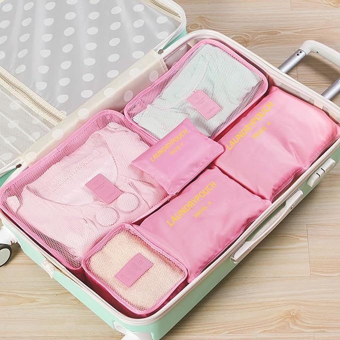 6 Set Packing Cubes for Travel Luggage Packing Bags Reusable Waterproof Suitcase Organizer Bags Set with Shoe Bag and Toiletry Bag (Pink)