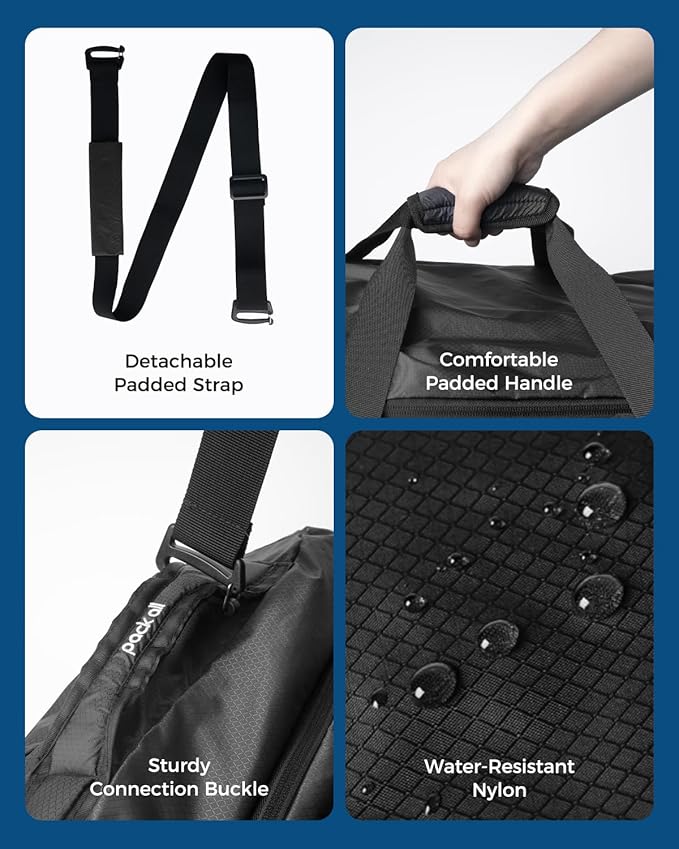 pack all 65L Foldable Travel Duffel Bag, Packable Weekender Bag with Shoe Compartment, Water-Resistant Gym Bag with Adjustable Strap for Overnight, Sports and Camping (Black)