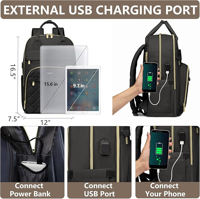 Laptop Backpack for Women Work Bag - 15.6 inch Travel Backpack Purse with USB Charger College Bookbag Waterproof Cute Casual Daypack Fashion Business Computer Backpacks for Teacher Nurse Black