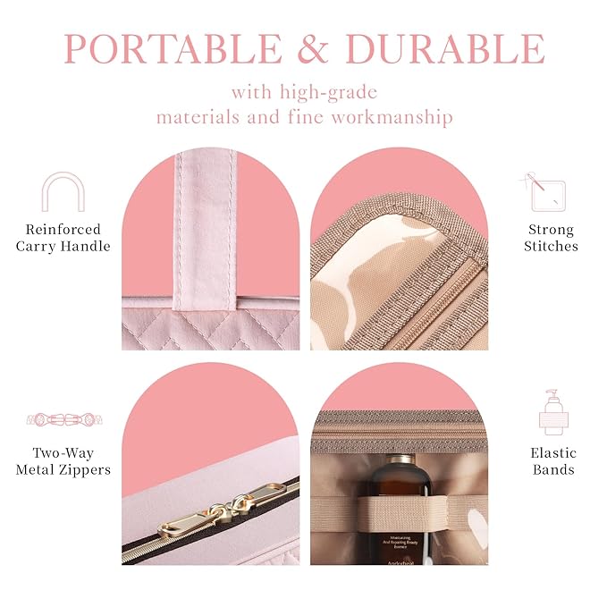 HOTOR Travel Toiletry Bag - Hanging Toiletry Bag for Women & Men, Makeup Bag/Big Comparment, Waterproof for Travel Accessories, Travel Essentials, Medium, Pale Pink