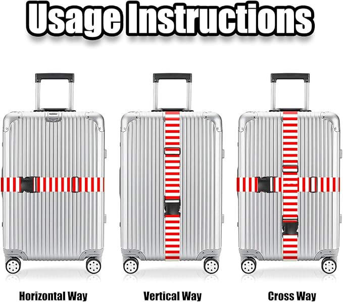 Nuxovilar Luggage Straps for suitcases red White Vertical Stripe Polyester 1.96x90.5inch 2 Set Suitcase Cargo Strap Travel Accessory Airport Hotel Road Trip
