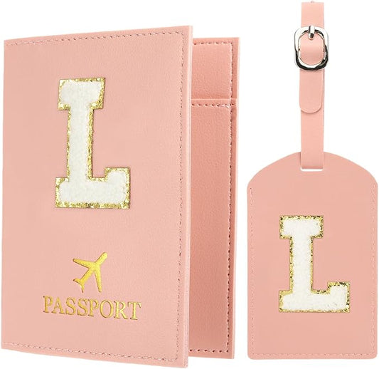 PATIKIL Passport Holder for Travel, Initial Passport Cover and Luggage Tag Set with Alphabet Chenille Letter Patch Travel Wallet Bag Suitcase Identifier for Women Family Travel Pink L