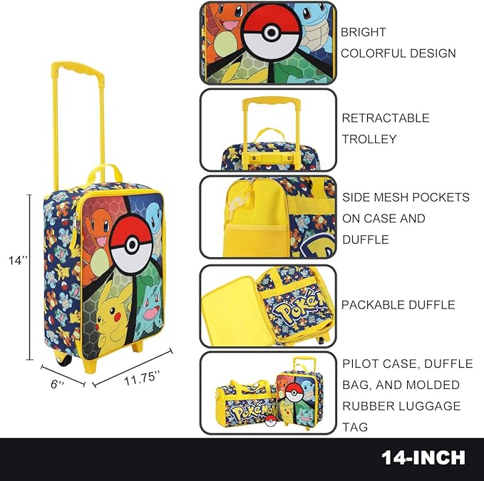 Bioworld Pokémon Youth 3-Piece Pilot Case Duffle Bag & Luggage Tag Carry On Travel Set