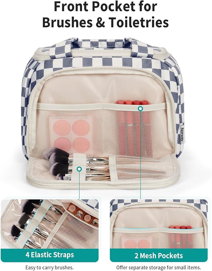 Narwey Checkered Travel Toiletry Bag for Women Large Makeup Bag, Wide-open Cosmetic Make Up Organizer with Handle, Travel Bag for Toiletries, Essentials, Accessories (Greyish Blue Checkerboard)