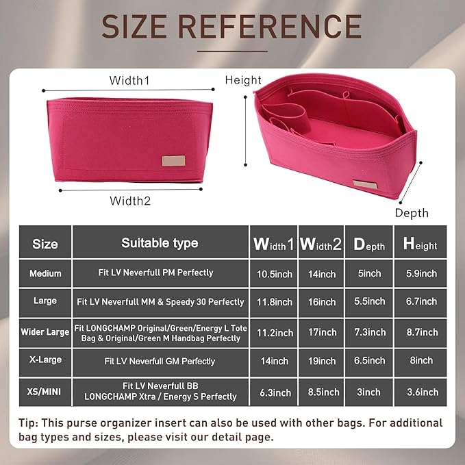 Doxo Purse Organizer Insert for Handbags &Tote Felt Bag Fits Speedy and Neverfull ONTHEGO,3 Sizes/6 Color(Rose,NF-GM)
