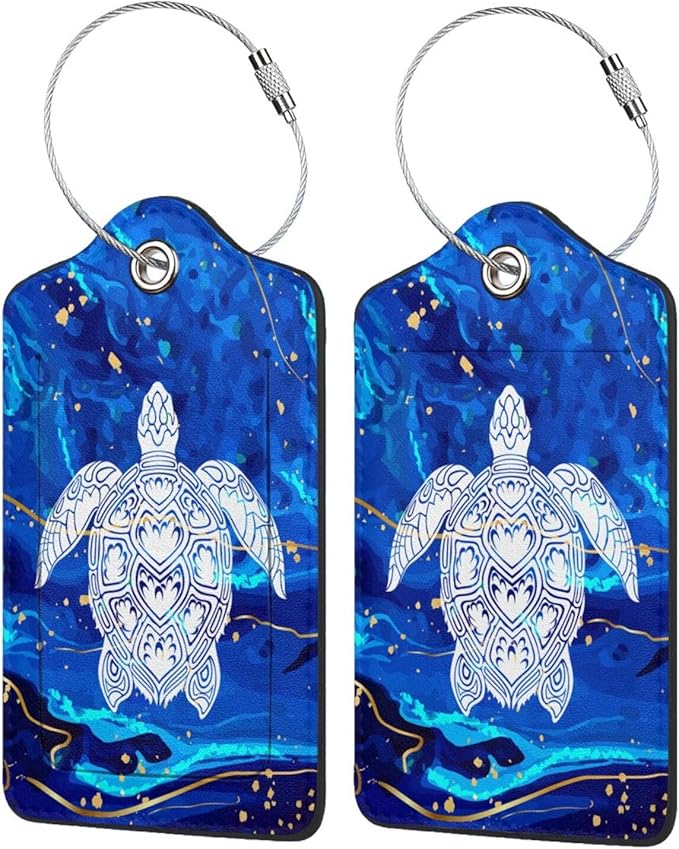 2 Pack Luggage Tag Blue sea Turtle Travel PU Cute Leather Luggage Tag Name ID Labels with Privacy Cover Suitcases Women Men Girls Boys Fun Laggage Tags (Blue sea Turtle)