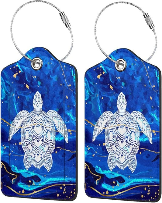 2 Pack Luggage Tag Blue sea Turtle Travel PU Cute Leather Luggage Tag Name ID Labels with Privacy Cover Suitcases Women Men Girls Boys Fun Laggage Tags (Blue sea Turtle)