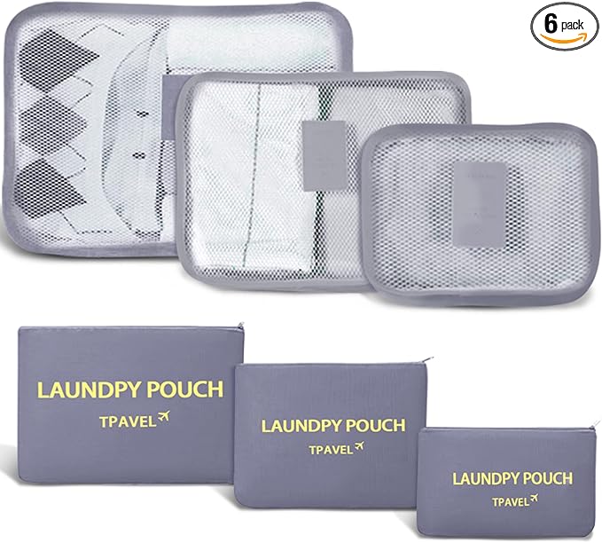 6 Set Packing Cubes for Travel Luggage Packing Bags Reusable Waterproof Suitcase Organizer Bags Set with Shoe Bag and Toiletry Bag (Grey)