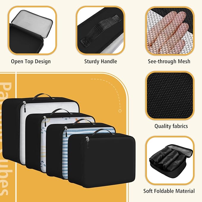 8 Set Packing Cubes for Travel Essentials, Organizers for Suitcase and Luggage in 4 Sizes, Luggage Organizer with Toiletries/Laundry/Shoes/Sock Bags (Black)