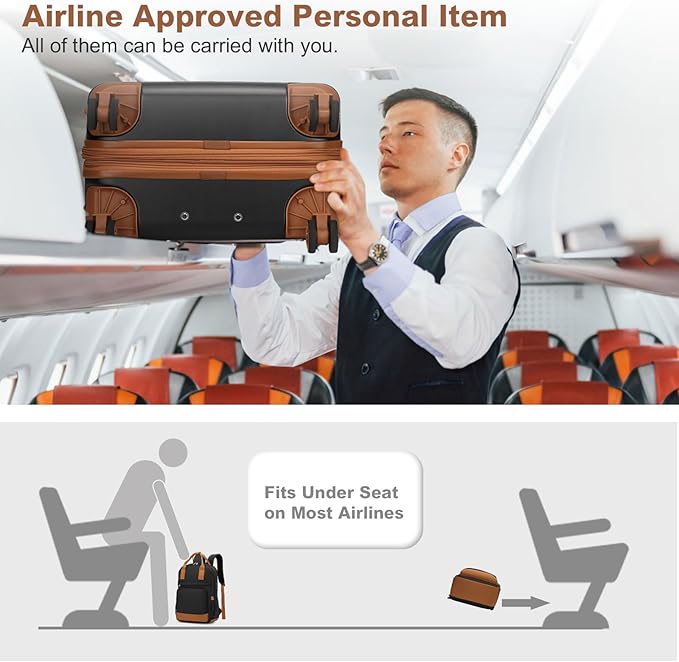 Kono Airline Approved Suitcase Set 3 Piece Luggage Set Lightweight Carry On Travel Luggage, TSA Lock Spinner Wheels Hardshell (Black/Brown, (BP/TB/20))