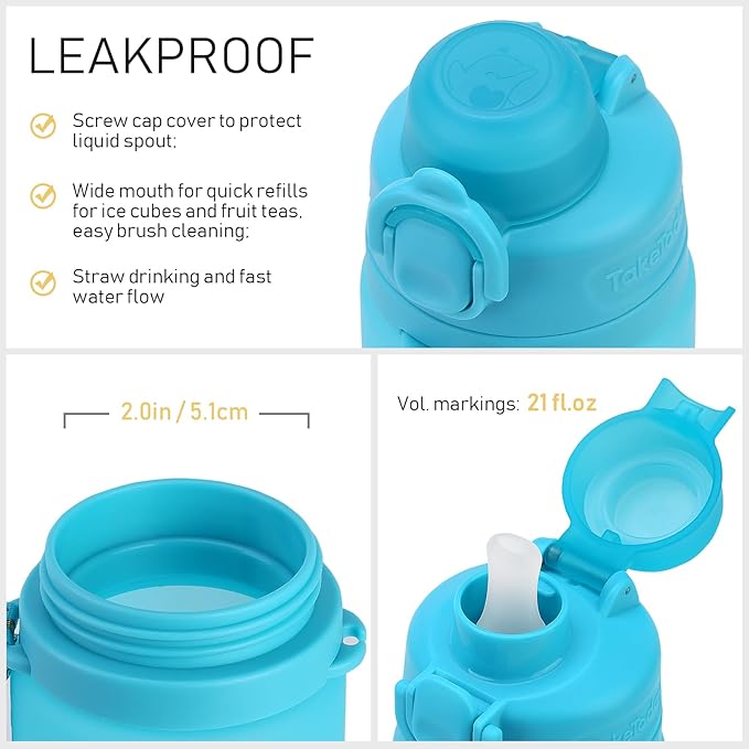 TakeToday Collapsible Water Bottles 21oz (600mL), Foldable Platinum Silicone Travel Water Bottle with Straw & Carry Strap, Leak-Resistant Screw Lid, Wide Mouth, BPA-Free for Hiking, Camping, Travel