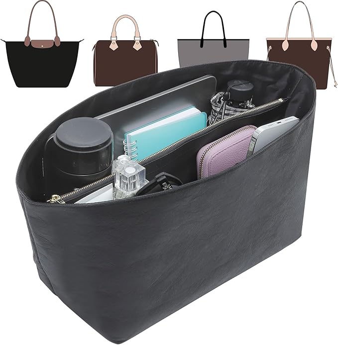 Doxo Tote Bag Organizer Insert Compatible with Long Champ Medium, G.oyard PM, Neverfull MM and More, Light Waterproof DupontPaper le pliage Longchamp Medium Organizer Insert(Black, M)