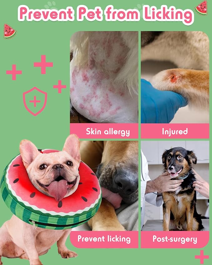 Inflatable Dog Pillow Cone Collar After Surgery, Donut Soft Neck Cone for Beagle French Bulldog Medium Plus Dogs, etc, Recovery E Collar to Stop Licking Watermelon