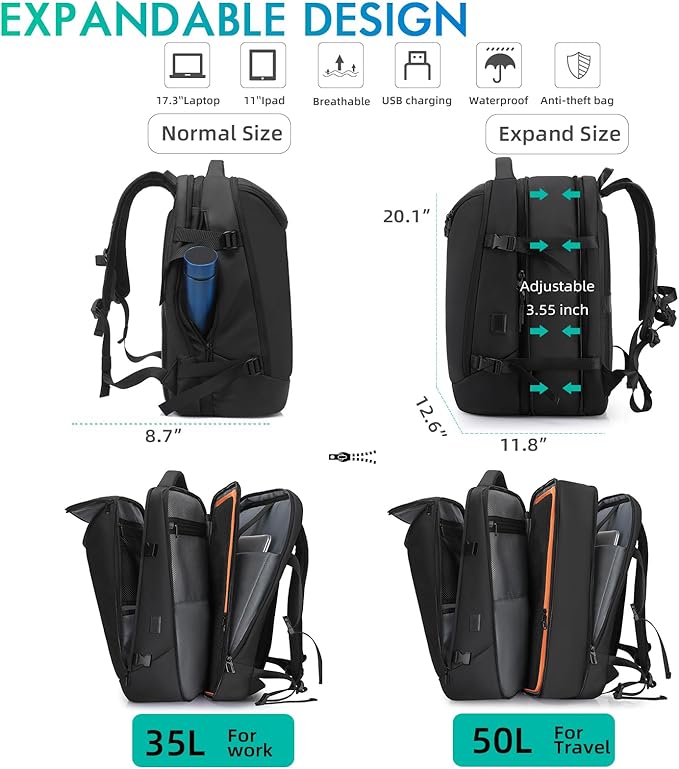 TANGCORLE 50L Carry on Travel Backpack, Expandable Airline Approved Backpacks with 3 Packing Cubes Fit 17.3 inch Laptop Suitcase backpack for Men Women(Black)
