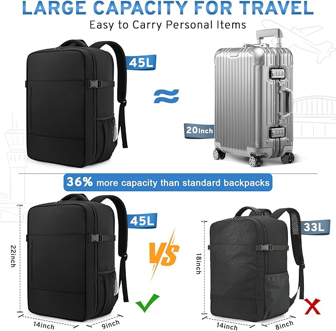 ZOMFELT Travel Backpack for Women Men, 45L Carry On Backpack Luggage 22x14x9 Airline Approved, TSA 15.6inch Laptop Backpack Personal Item Travel Bag, Water Resistant Mochila For Business Work, Black