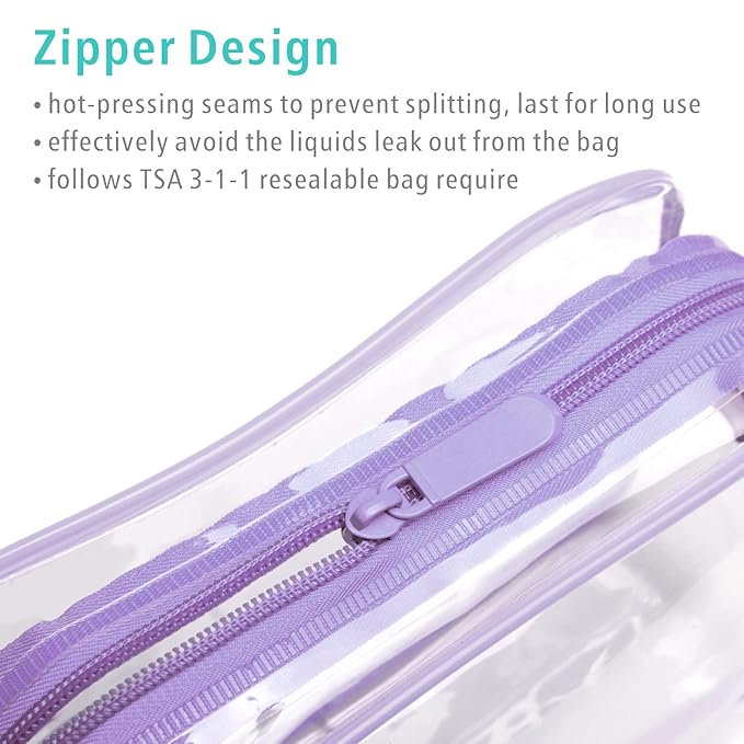 F-color TSA Approved Toiletry Bag 3 Pack Medium - Clear Makeup Bag Travel Quart Size for Women Men, Clear Cosmetic Bag Airport Airline Compliant Carry on Bag, Macaron Purple