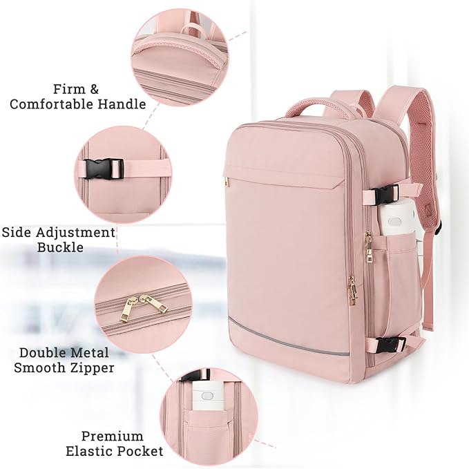 Large Travel Backpack for Women, 40L Travel Bag Personal Item Size, Laptop Backpacks, Waterproof Carry On Backpack with Packing Cubes for College Business Hiking Work Essentials, Pink