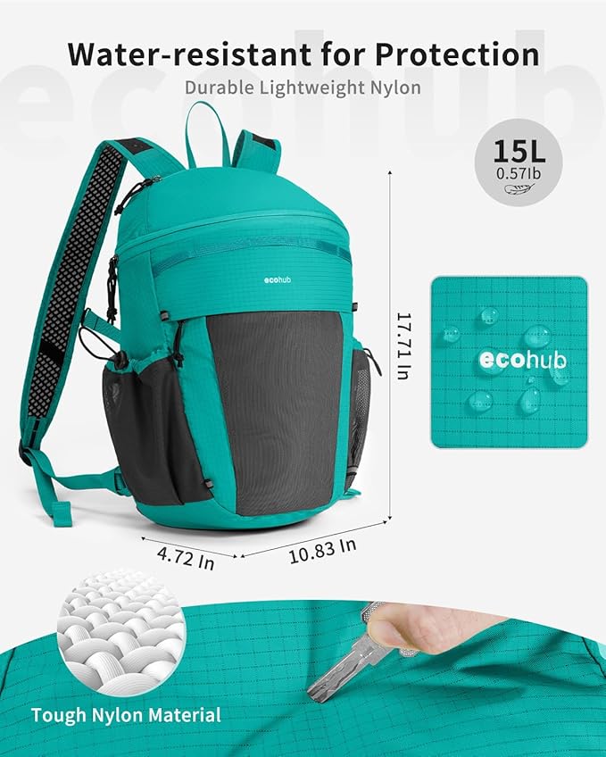 ECOHUB 15L Lightweight Casual Daypack, Packable Backpack for Daily Use, Hiking & Travel, Foldable Small Backpack with Stretch Mesh Pockets, Water-Resistant Nylon, Reflective Design