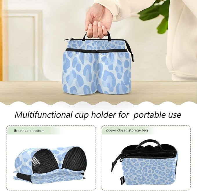 Luggage Cup Holder for Suitcases Free Hands Travel Cup Holder Portable Suitcase Cup Drink Holder Luggage Cup Caddy Bag Carrier Sky Blue Leopard Print