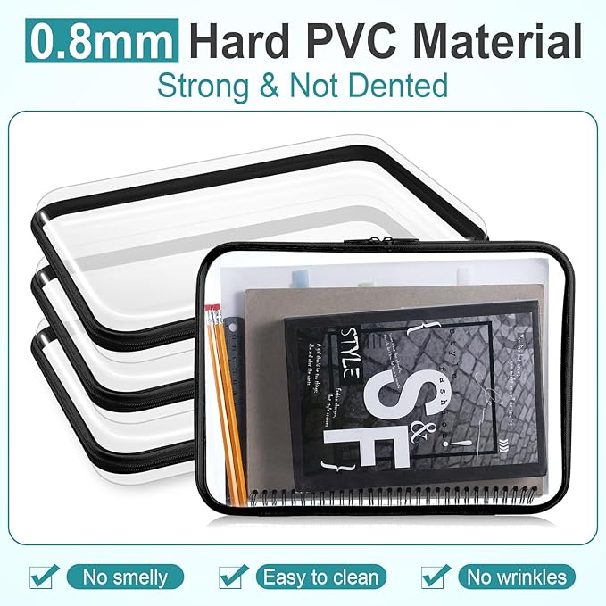 Sanwuta 6 Pcs Clear Hard Zipper Case Plastic Zipper Pouches Transparent Makeup Bag Pencil Case Pouches Toiletry Diaper Bag for Travel Toy Storage Organizer Bins(Black,12.6 x 9 x 2 Inch)