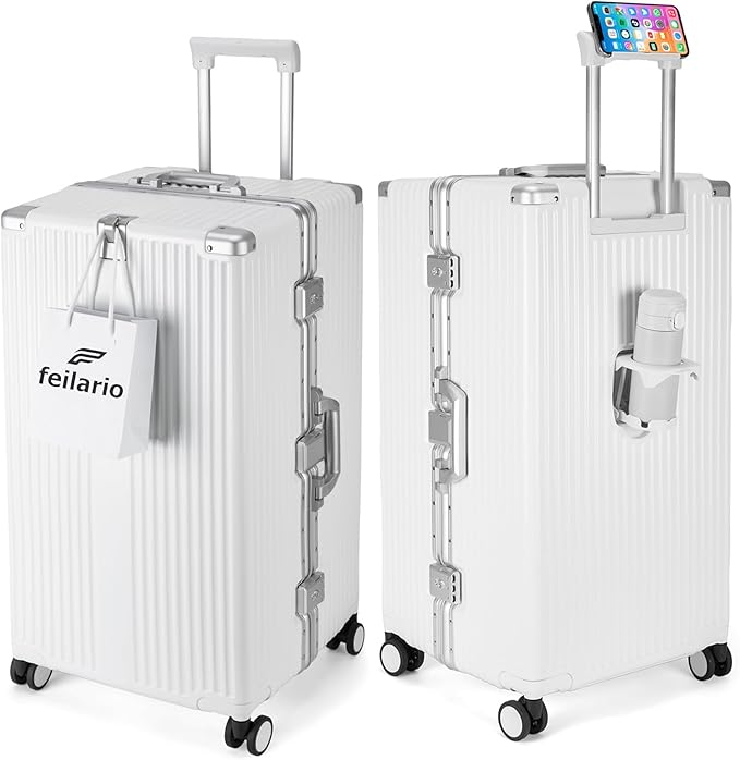 feilario 30in Super Large Captain Aluminum Frame Hardside Spinner Wheels Luggage, Removable Wheels Zipperless Checked Suitcase with Cup Holder/Phone Holder (Ivory White,30in)