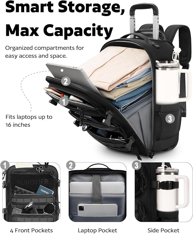 Rolling Tactical Laptop Backpack, Underseat Travel Backpack with Wheels, 16 Inch Wheeled Military Computer Backpack for Men and Women, Roller Overnight Molle Outdoor Hiking College Carry on Luggage