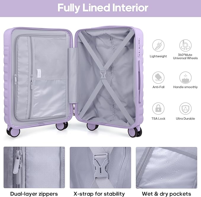 UKEIN Luggage Sets 3 Piece, Carry On Luggage 20In With Spinner Wheels,PC Hardside Suitcase Set with TSA Lock,Durable Carry On Suitcase With Travel Backpack for Men (Violet, 3 piece set (BP/20inch))