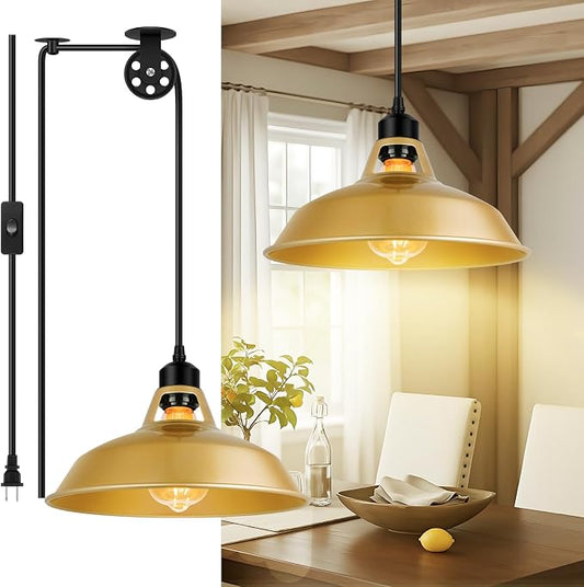 Lomoky Plug in Pendant Light, Vintage Hanging Lamps with Gold Barn Shade Pendant Lighting with 14.76ft Cord On/Off Switch, Adjustable Pulley Hanging Lights for Kitchen, Bedroom, Living Room (1 Pack)