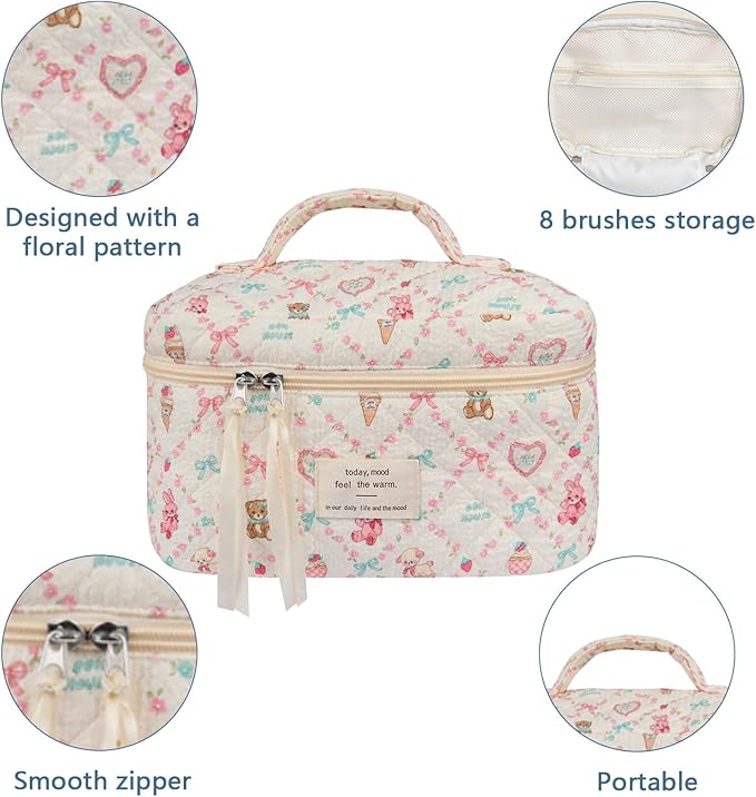 Large Makeup Bag, Cute Cosmetic Bag for Women Girls, Floral Coquette Aesthetic Toiletry Bag, Travel Make Up Organizer Bag(Love Bear