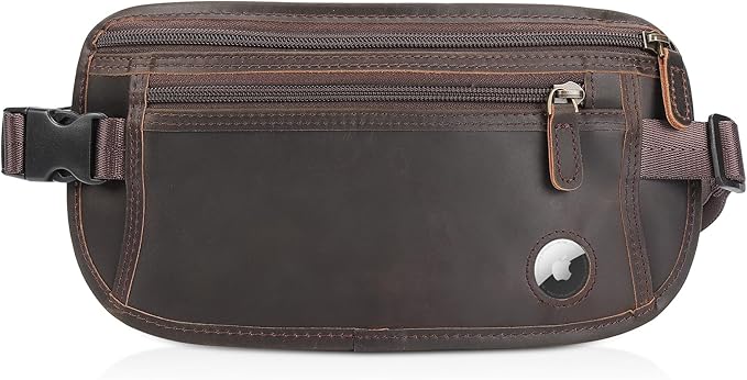 Polare Full Grain Leather Money Belt Hidden Passport Holder Wallet Travel Pouch with AirTag Slot Slim RFID Blocking Undercover Waist Bag