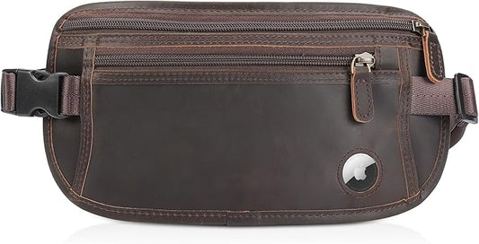 Polare Full Grain Leather Money Belt Hidden Passport Holder Wallet Travel Pouch with AirTag Slot Slim RFID Blocking Undercover Waist Bag