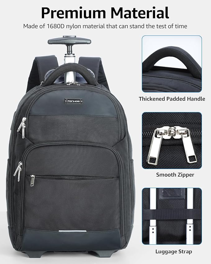 Ponhog Rolling Backpack, 30L Travel Laptop Backpack with Wheels, 15.6 Inch Roller Carry on Luggage with USB Charging Port, Flight Approved Personal Item Wheeled Suitcase for Men Women Adults, Black