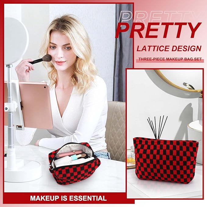 EIMMBD Makeup Bag 3 Pieces Large Capacity Checkered Cosmetic Bags Travel Toiletry Bag Organizer Cute Makeup Pouch Storage for Women(Red & Black)