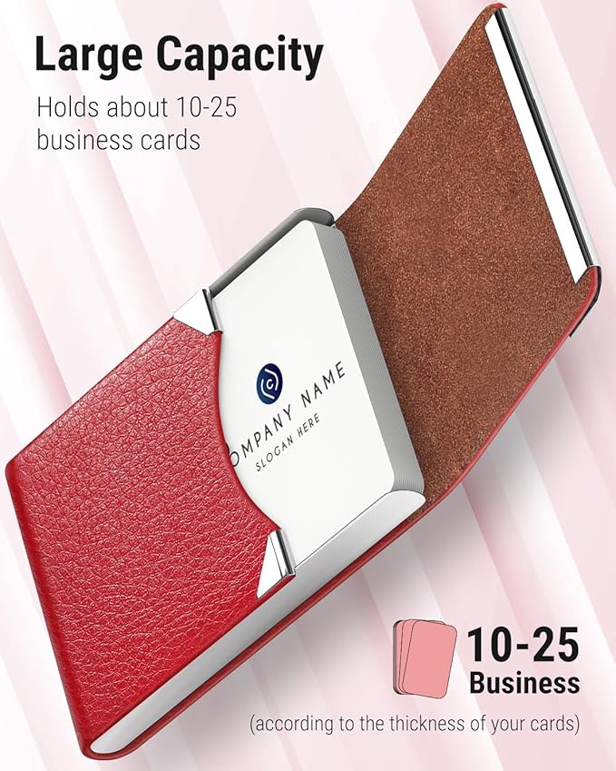 MaxGear Business Card Holder, Slim PU Leather & Stainless Steel Business Card Case for Men & Women, RFID Blocking Name Card Holder with Magnetic Closure, Red